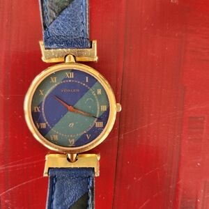 Blue and Gold Striped Band Vintage Ladies Wristwatch Quartz Turler Swiss Made